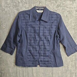 Ravel Women's Med  Blue Linen Cotton Zip Blouse 3/4 Sleeve